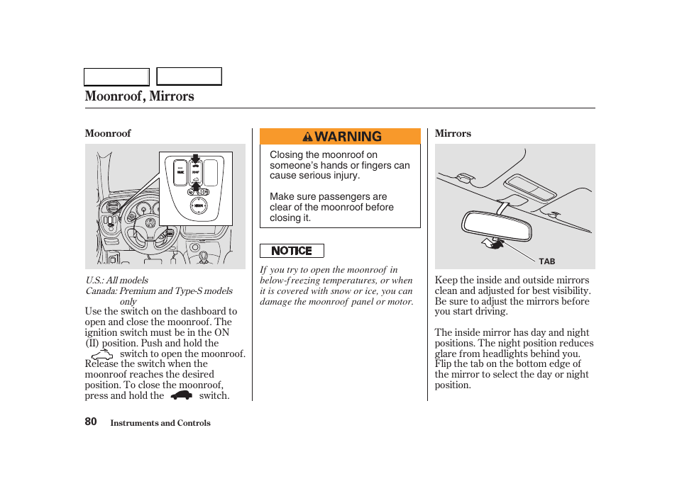 Moonroof, mirrors | Acura 2004 RSX - Owner's Manual User Manual | Page 83 / 250