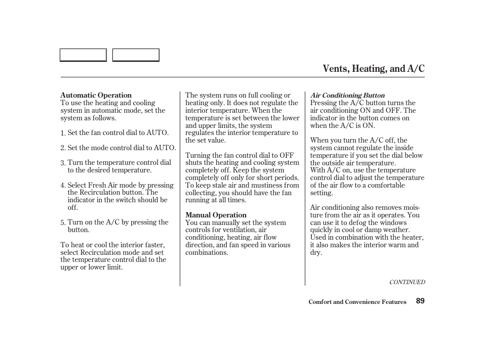Vents, heating, and a/c | Acura 2004 RSX - Owner's Manual User Manual | Page 92 / 250