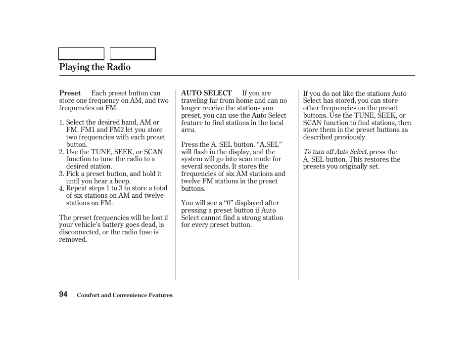 Playing the radio | Acura 2004 RSX - Owner's Manual User Manual | Page 97 / 250