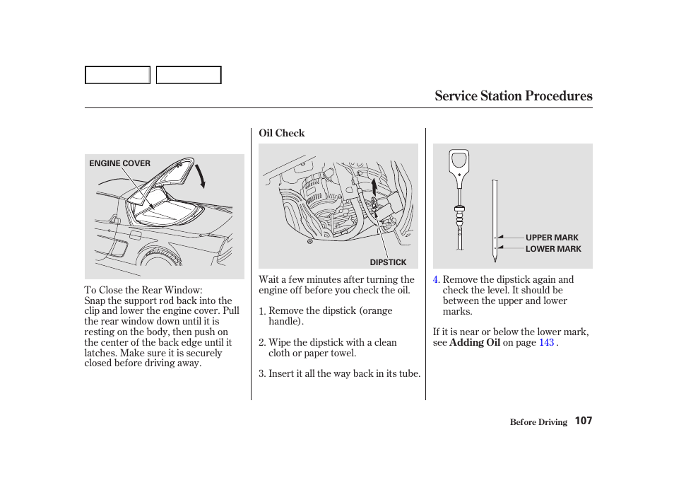 Service station procedures | Acura 2004 NSX - Owner's Manual User Manual | Page 110 / 230