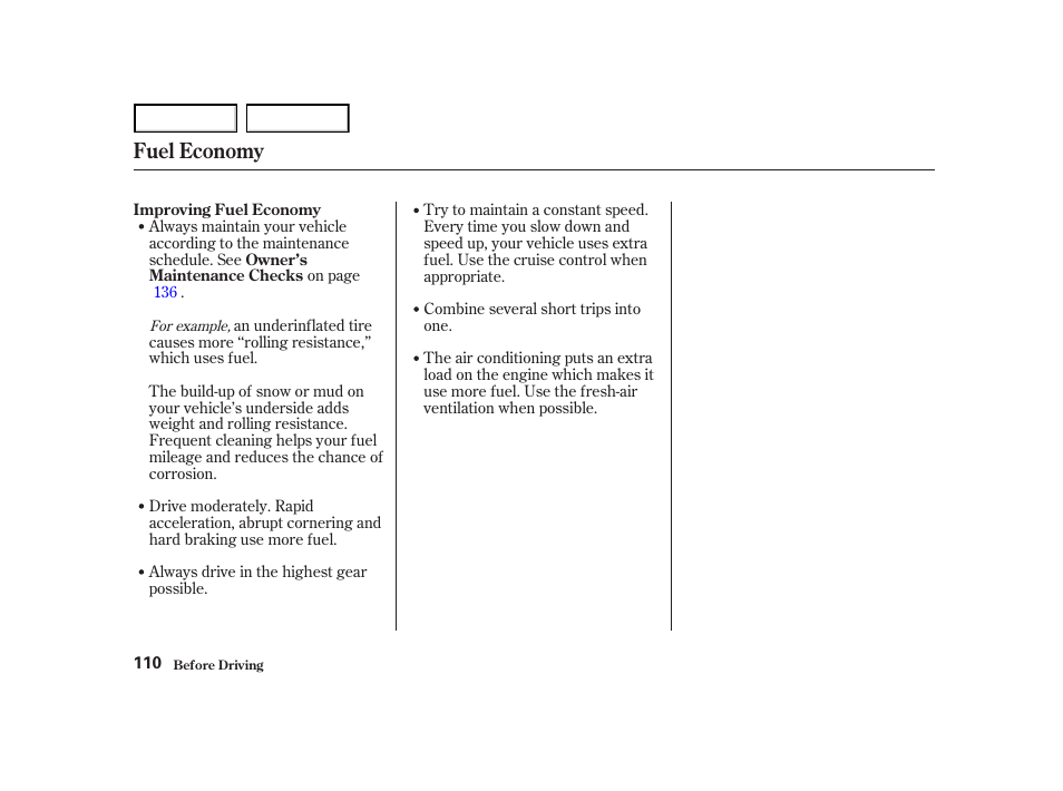 Fuel economy | Acura 2004 NSX - Owner's Manual User Manual | Page 113 / 230