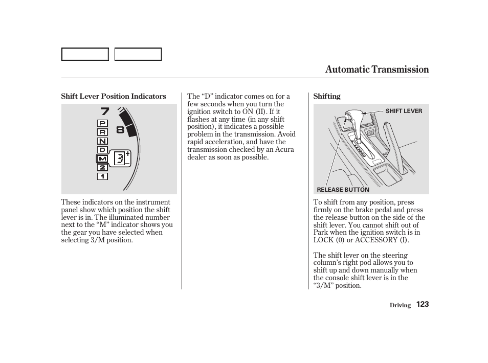 Automatic transmission | Acura 2004 NSX - Owner's Manual User Manual | Page 126 / 230