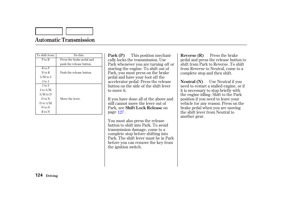 Automatic transmission | Acura 2004 NSX - Owner's Manual User Manual | Page 127 / 230
