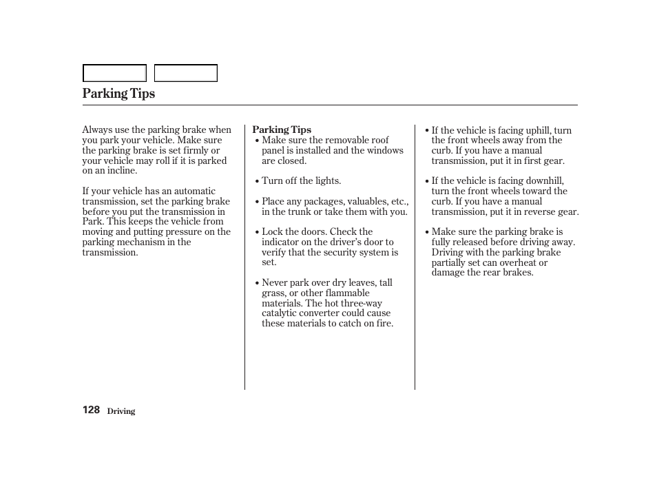 Parking tips | Acura 2004 NSX - Owner's Manual User Manual | Page 131 / 230