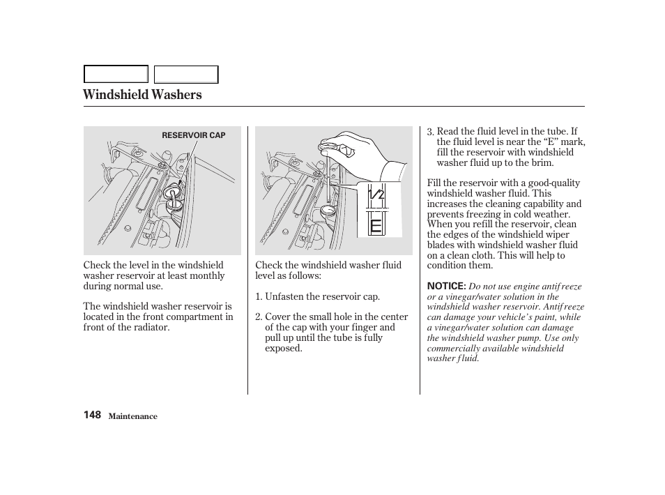 Windshield washers | Acura 2004 NSX - Owner's Manual User Manual | Page 151 / 230