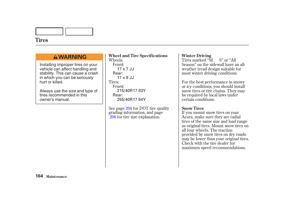 Tires | Acura 2004 NSX - Owner's Manual User Manual | Page 167 / 230