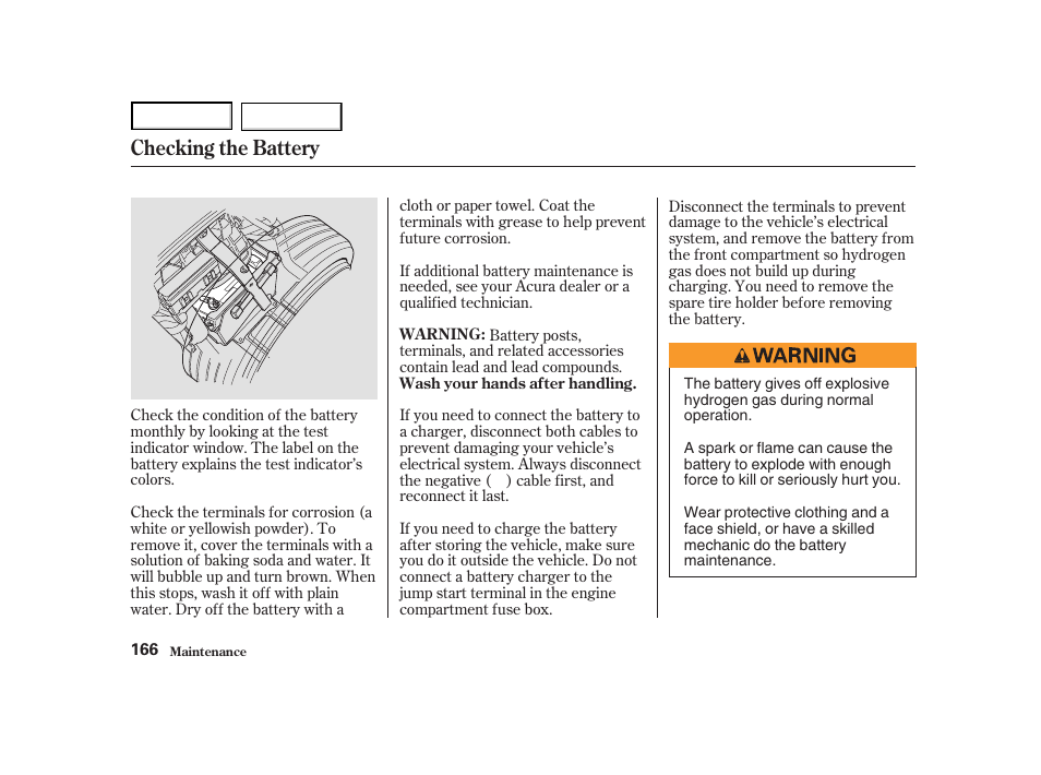 Checking the battery | Acura 2004 NSX - Owner's Manual User Manual | Page 169 / 230