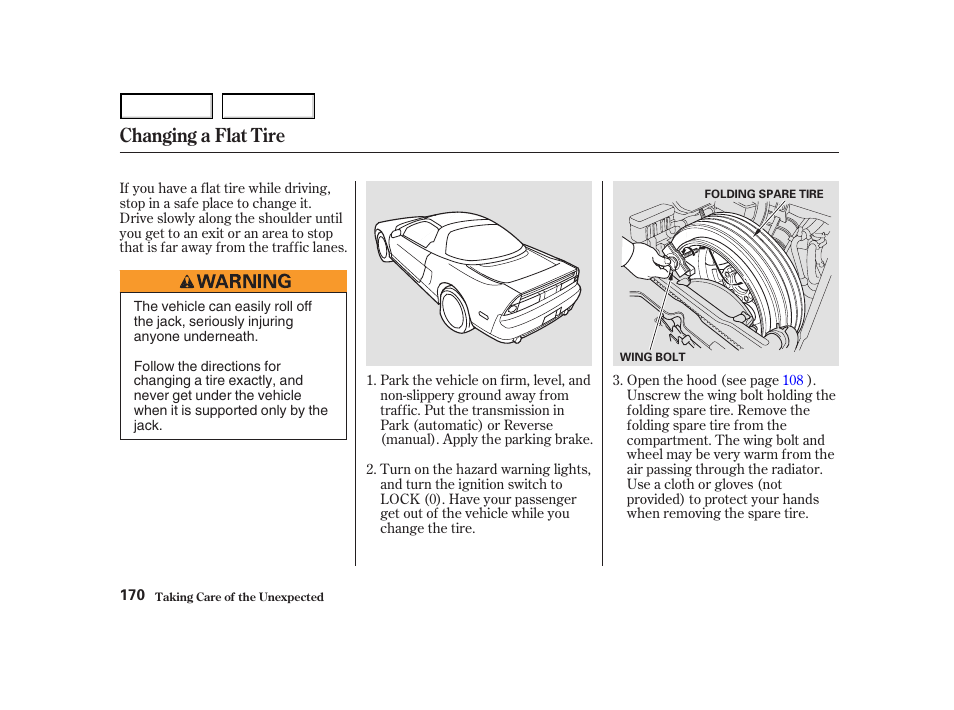 Changing a flat tire | Acura 2004 NSX - Owner's Manual User Manual | Page 173 / 230