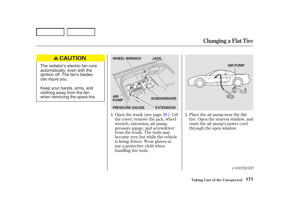 Changing a flat tire | Acura 2004 NSX - Owner's Manual User Manual | Page 174 / 230