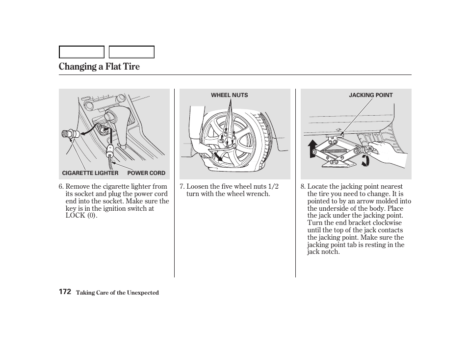 Changing a flat tire | Acura 2004 NSX - Owner's Manual User Manual | Page 175 / 230