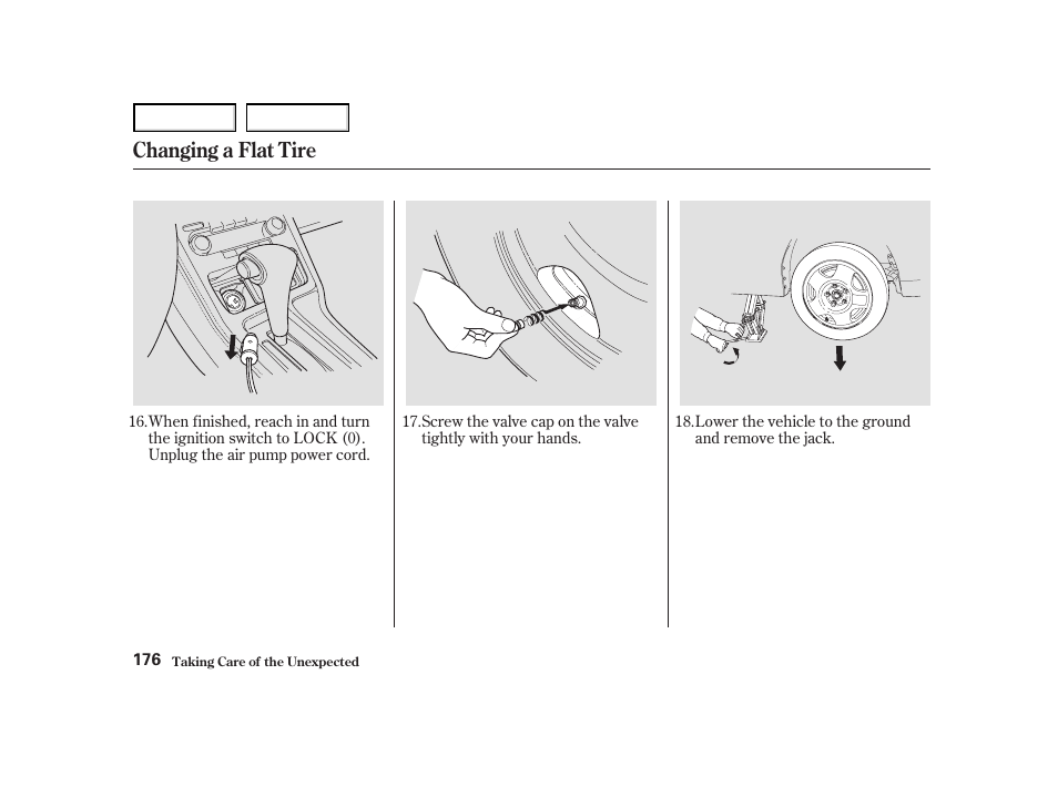 Changing a flat tire | Acura 2004 NSX - Owner's Manual User Manual | Page 179 / 230