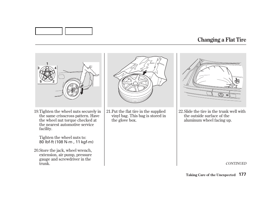 Changing a flat tire | Acura 2004 NSX - Owner's Manual User Manual | Page 180 / 230