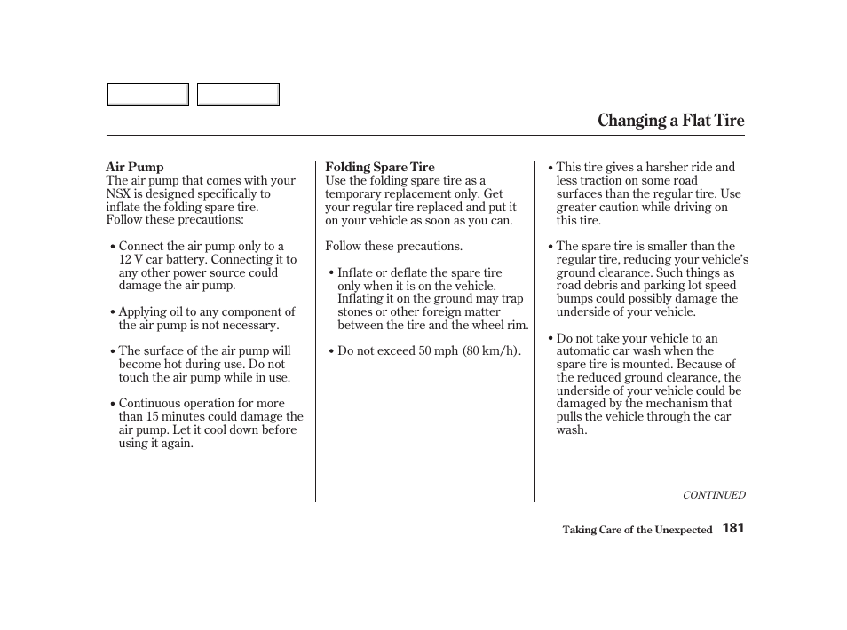 Changing a flat tire | Acura 2004 NSX - Owner's Manual User Manual | Page 184 / 230