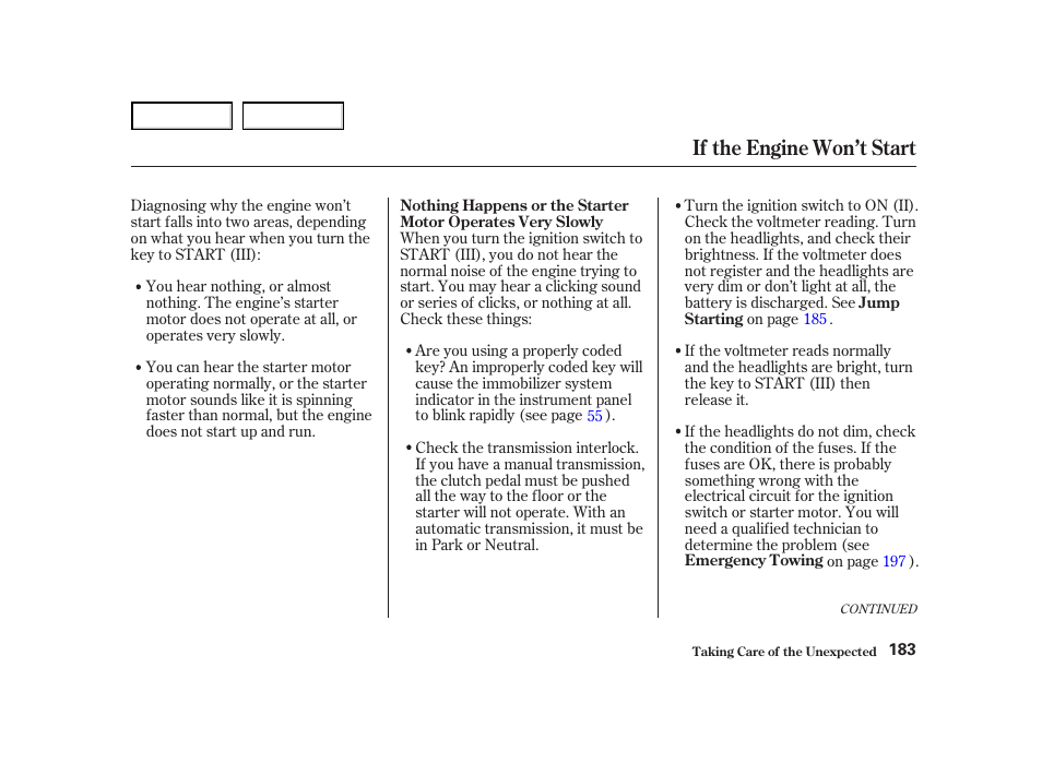 If the engine won’t start | Acura 2004 NSX - Owner's Manual User Manual | Page 186 / 230