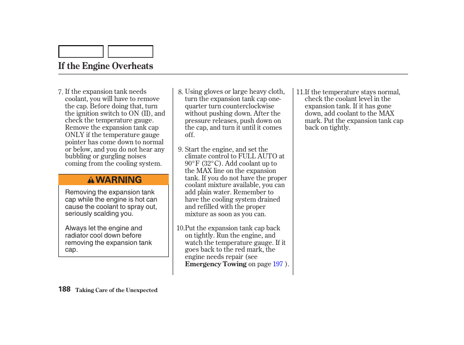 If the engine overheats | Acura 2004 NSX - Owner's Manual User Manual | Page 191 / 230