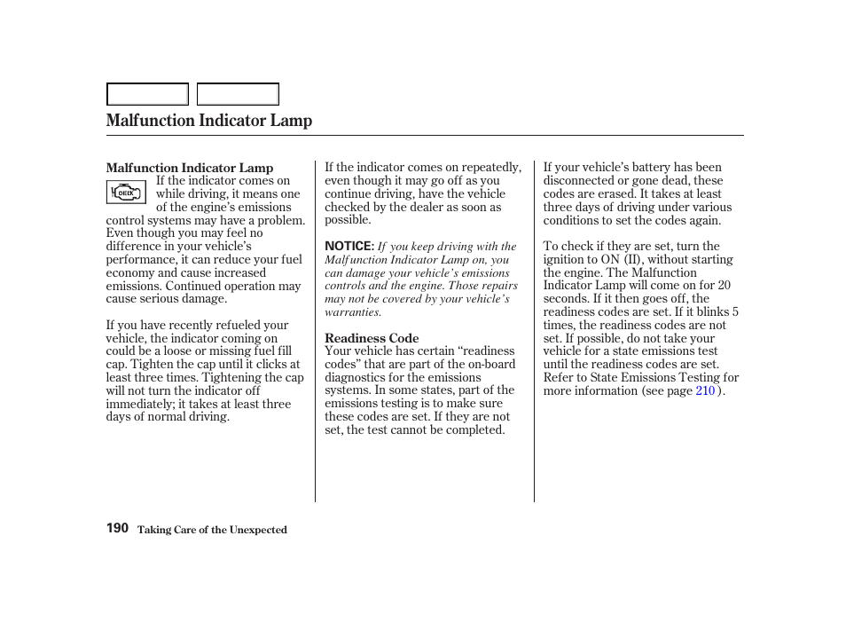 Malfunction indicator lamp | Acura 2004 NSX - Owner's Manual User Manual | Page 193 / 230