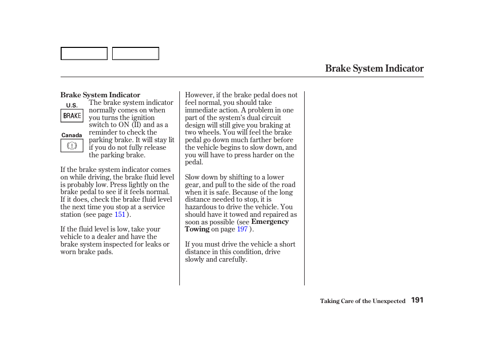 Brake system indicator | Acura 2004 NSX - Owner's Manual User Manual | Page 194 / 230