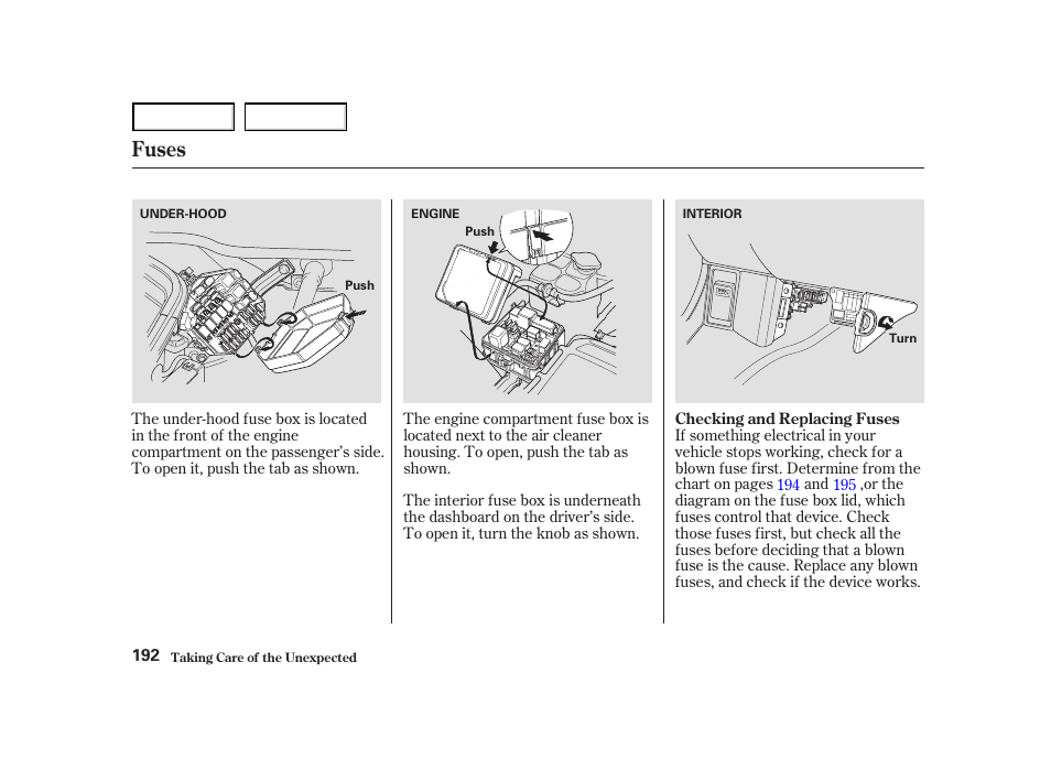 Fuses | Acura 2004 NSX - Owner's Manual User Manual | Page 195 / 230