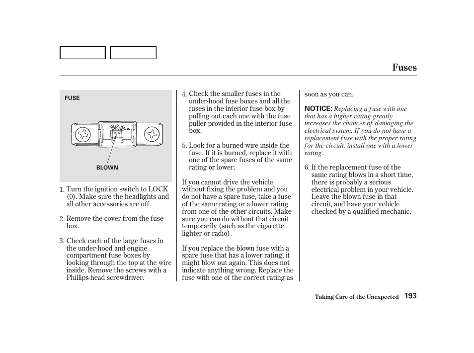 Fuses | Acura 2004 NSX - Owner's Manual User Manual | Page 196 / 230
