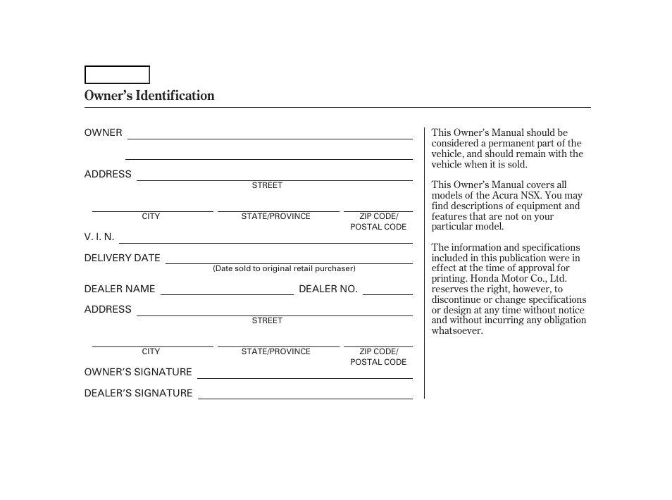 Owner's identification form, Owner’s identification | Acura 2004 NSX - Owner's Manual User Manual | Page 2 / 230