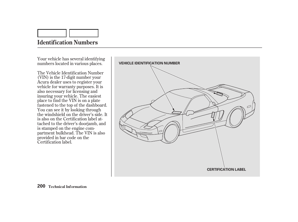 Identification numbers | Acura 2004 NSX - Owner's Manual User Manual | Page 203 / 230