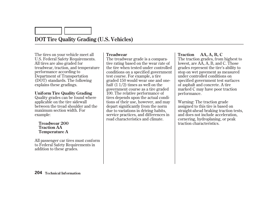 Dot tire quality grading (u.s. vehicles) | Acura 2004 NSX - Owner's Manual User Manual | Page 207 / 230
