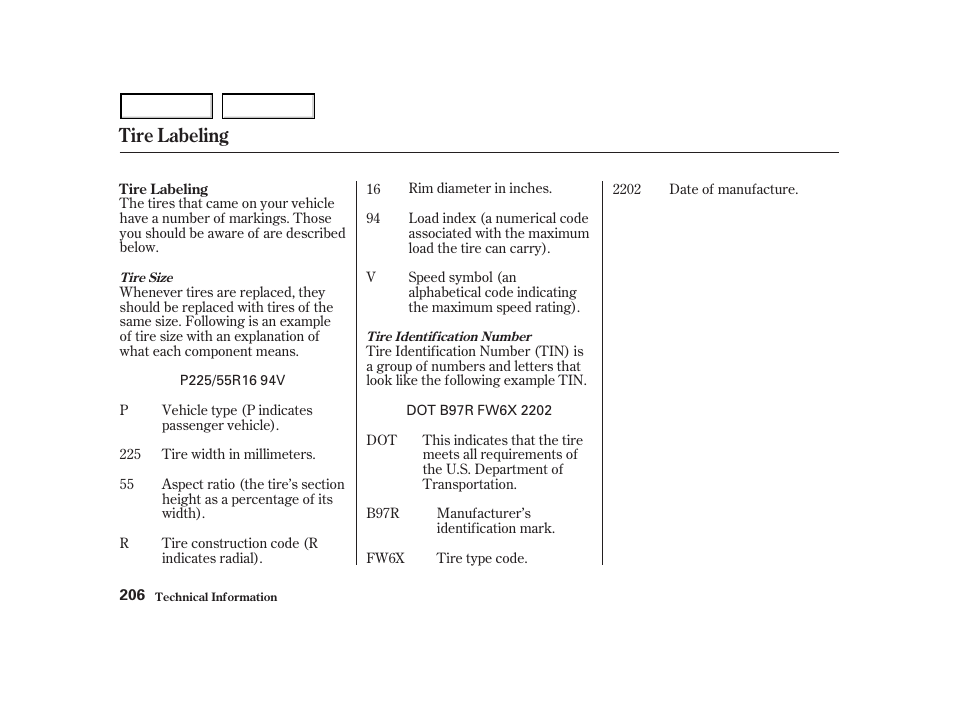 Tire labeling | Acura 2004 NSX - Owner's Manual User Manual | Page 209 / 230