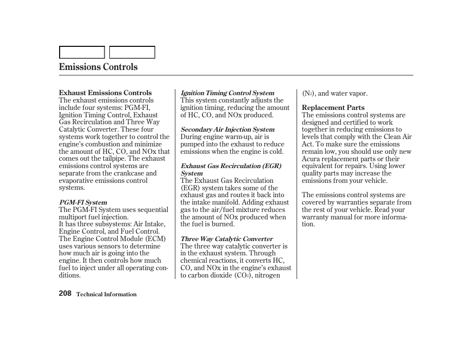 Emissions controls | Acura 2004 NSX - Owner's Manual User Manual | Page 211 / 230