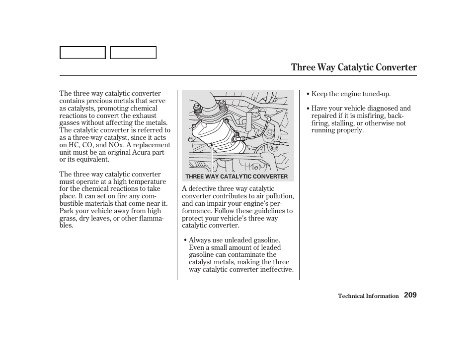 Three way catalytic converter | Acura 2004 NSX - Owner's Manual User Manual | Page 212 / 230
