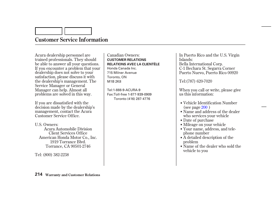 Customer service information | Acura 2004 NSX - Owner's Manual User Manual | Page 217 / 230