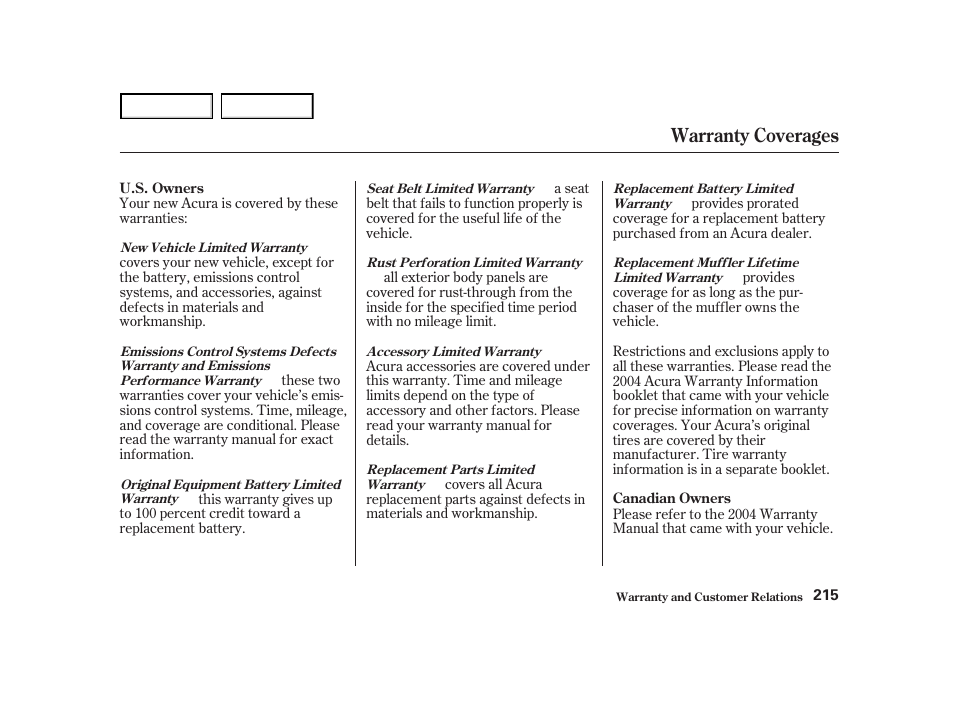 Warranty coverages | Acura 2004 NSX - Owner's Manual User Manual | Page 218 / 230