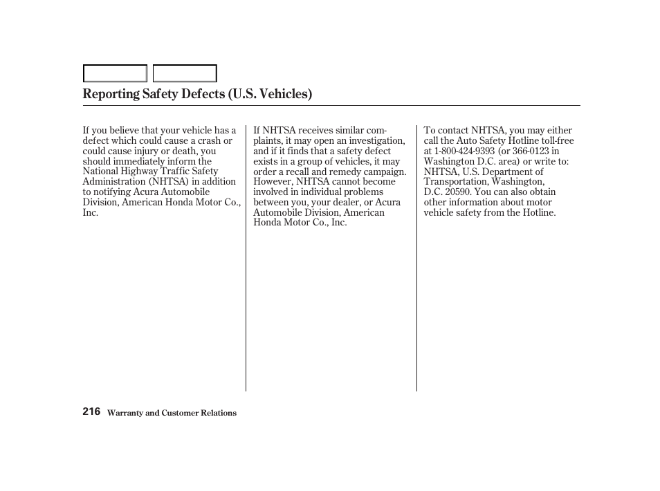 Reporting safety defects (u.s. vehicles) | Acura 2004 NSX - Owner's Manual User Manual | Page 219 / 230
