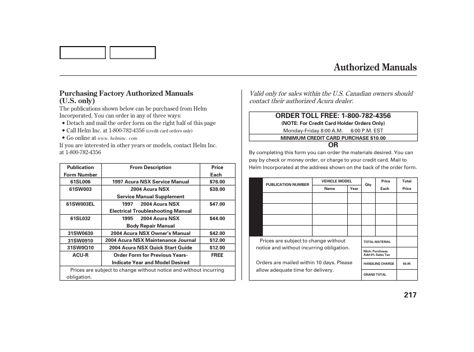 Authorized manuals, Purchasing factory authorized manuals (u.s. only) | Acura 2004 NSX - Owner's Manual User Manual | Page 220 / 230