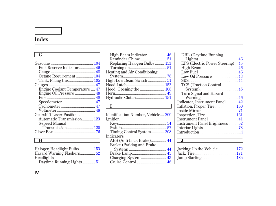 Index | Acura 2004 NSX - Owner's Manual User Manual | Page 225 / 230