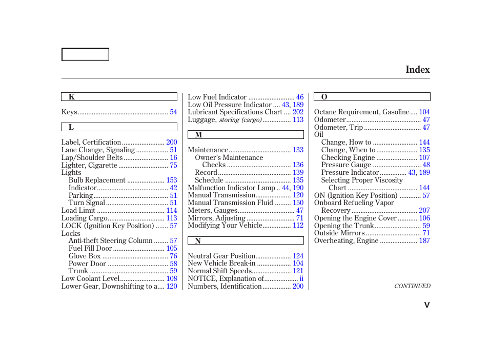 Index | Acura 2004 NSX - Owner's Manual User Manual | Page 226 / 230
