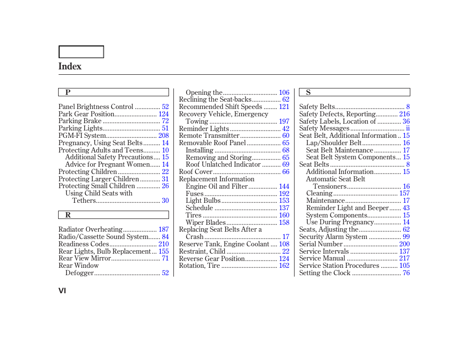 Index | Acura 2004 NSX - Owner's Manual User Manual | Page 227 / 230