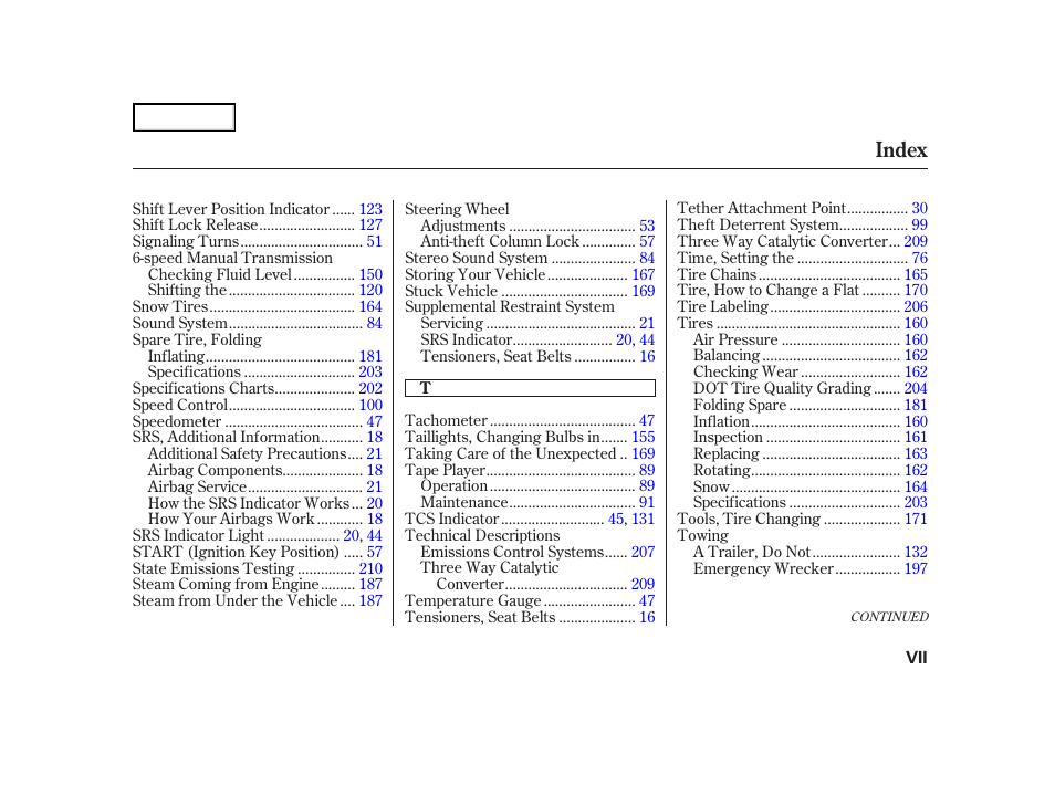 Index | Acura 2004 NSX - Owner's Manual User Manual | Page 228 / 230