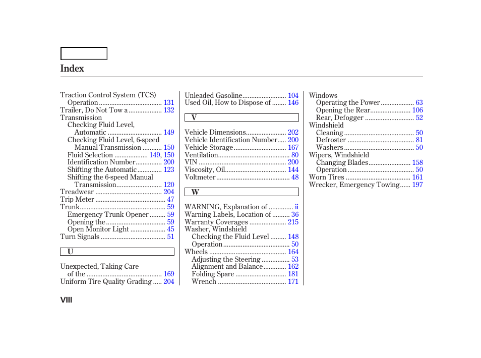 Index | Acura 2004 NSX - Owner's Manual User Manual | Page 229 / 230