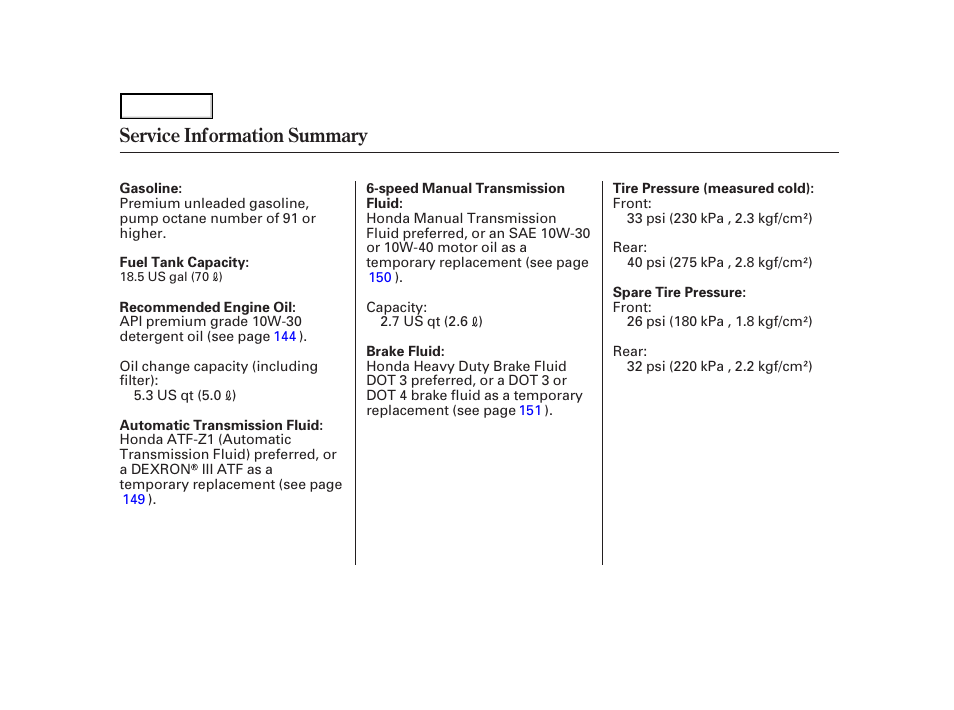 Service information summary | Acura 2004 NSX - Owner's Manual User Manual | Page 230 / 230