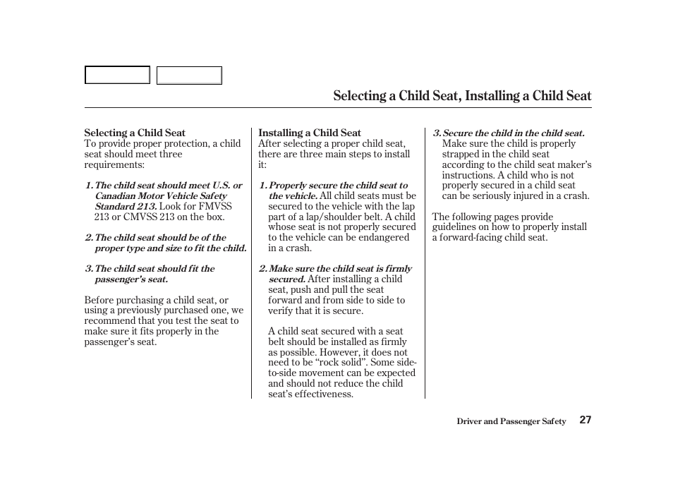 Selecting a child seat, installing a child seat | Acura 2004 NSX - Owner's Manual User Manual | Page 30 / 230