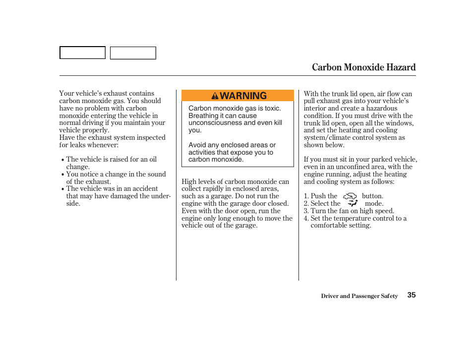 Carbon monoxide hazard | Acura 2004 NSX - Owner's Manual User Manual | Page 38 / 230