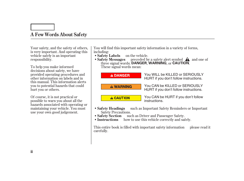 A few words about safety | Acura 2004 NSX - Owner's Manual User Manual | Page 4 / 230
