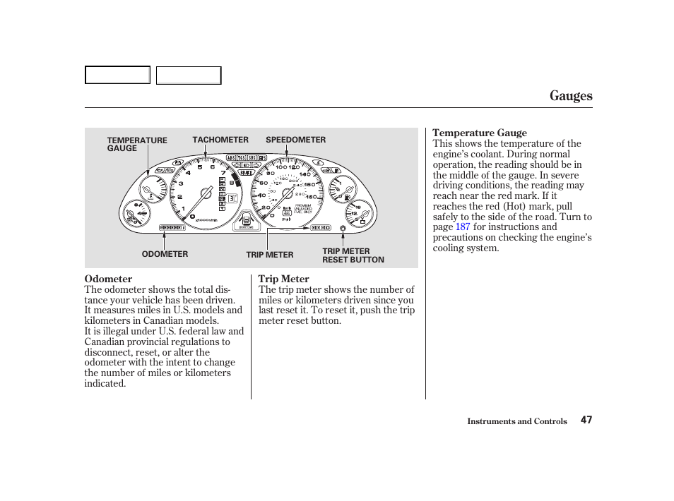 Gauges | Acura 2004 NSX - Owner's Manual User Manual | Page 50 / 230