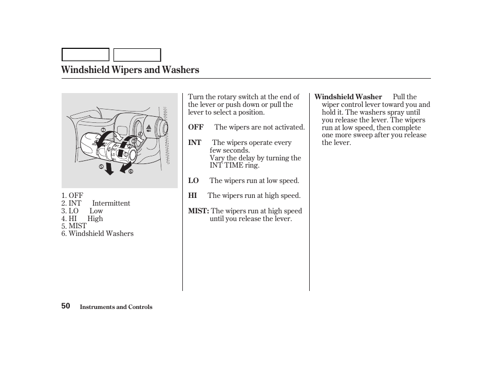 Windshield wipers and washers | Acura 2004 NSX - Owner's Manual User Manual | Page 53 / 230