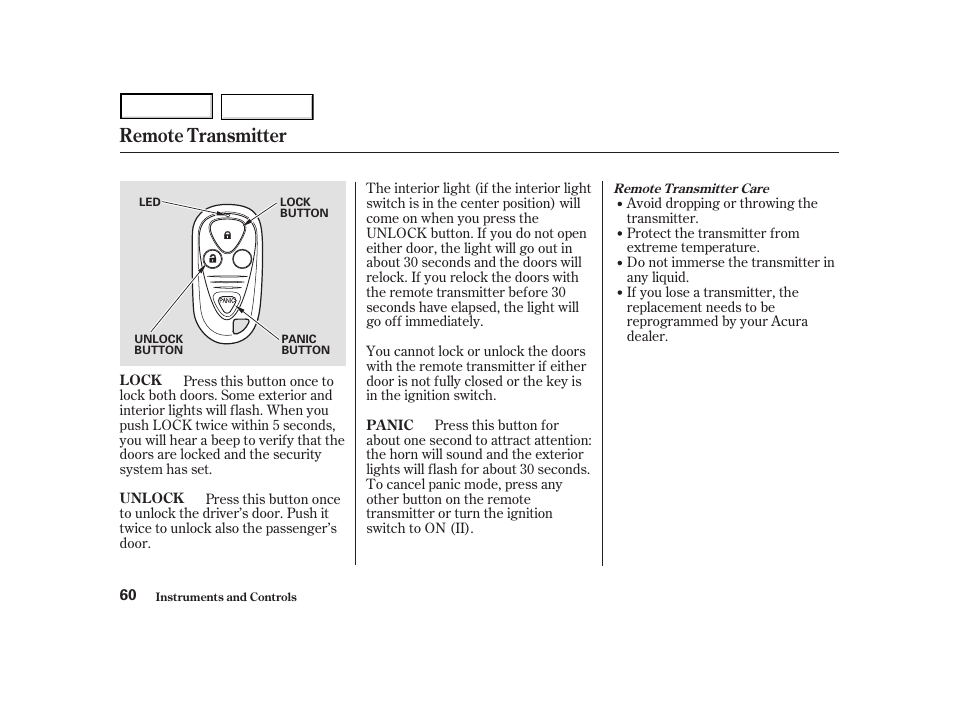 Remote transmitter | Acura 2004 NSX - Owner's Manual User Manual | Page 63 / 230