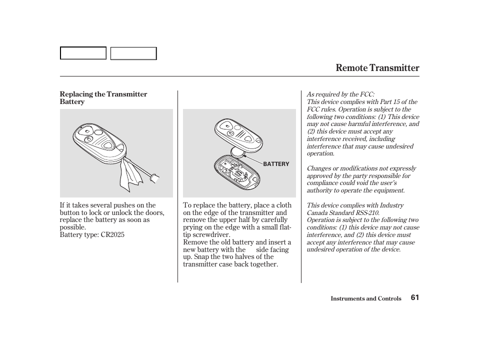 Remote transmitter | Acura 2004 NSX - Owner's Manual User Manual | Page 64 / 230