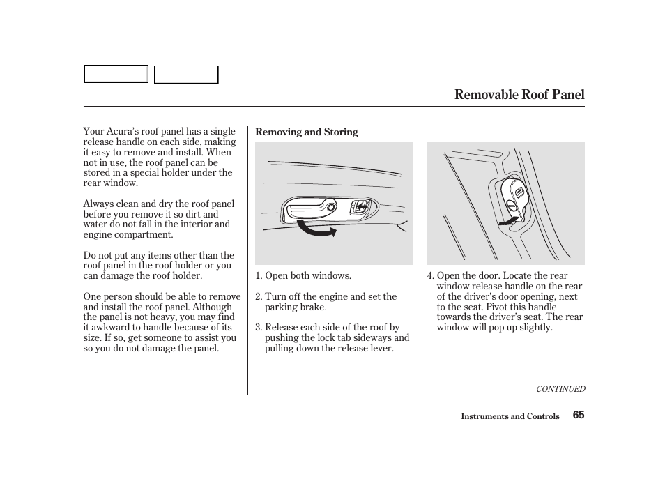 Removable roof panel | Acura 2004 NSX - Owner's Manual User Manual | Page 68 / 230