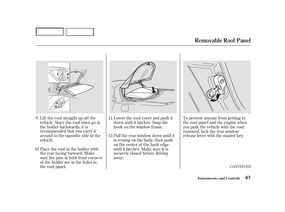 Removable roof panel | Acura 2004 NSX - Owner's Manual User Manual | Page 70 / 230