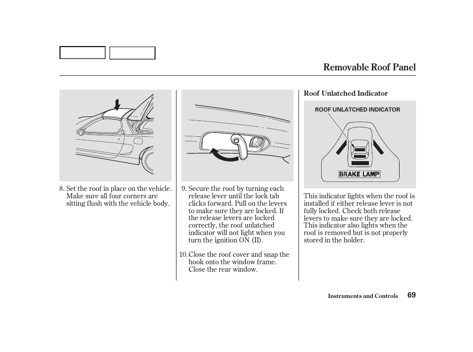 Removable roof panel | Acura 2004 NSX - Owner's Manual User Manual | Page 72 / 230