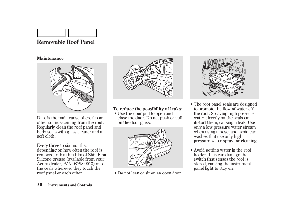 Removable roof panel | Acura 2004 NSX - Owner's Manual User Manual | Page 73 / 230